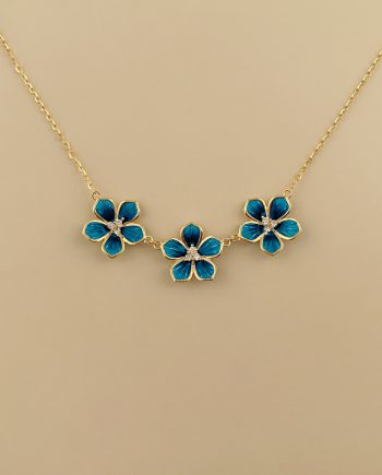 RANTAI LEHER TRI BUNGA ENAMEL (BIRU) MINIMALIS + BATU