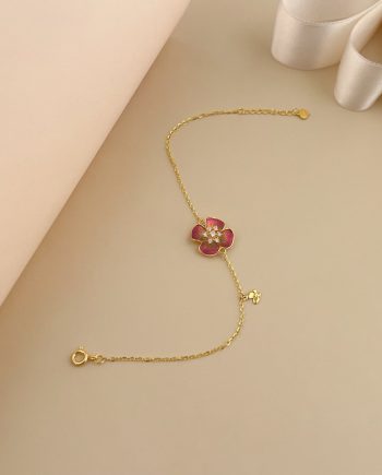RANTAI TANGAN ENAMEL BUNGA ALLAMANDA MERAH MINIMALIS + BATU