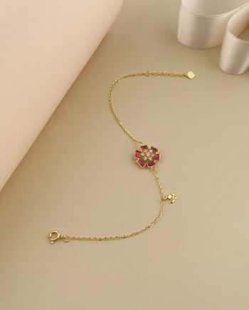RANTAI TANGAN ENAMEL BUNGA TERATAI MERAH MINIMALIS + BATU