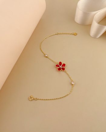 RANTAI TANGAN BUNGA ENAMEL (MERAH) MINIMALIS + BATU