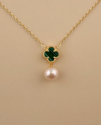 RANTAI LEHER KLOVER MUTIARA BATU MALACHITE HIJAU