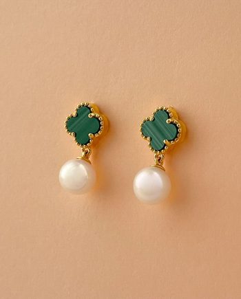 SUBANG PAKU CLOVER MUTIARA BATU MALACHITE HIJAU