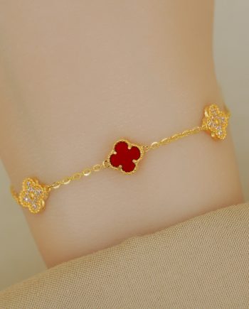 RANTAI TANGAN LALE CLOVER MINIMALIS BATU AGATE MERAH