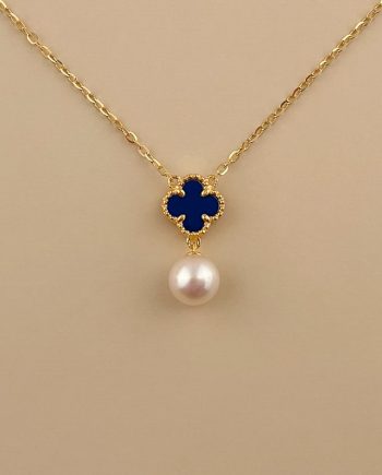 RANTAI LEHER KLOVER MUTIARA BATU LAPIS LAZULI BIRU
